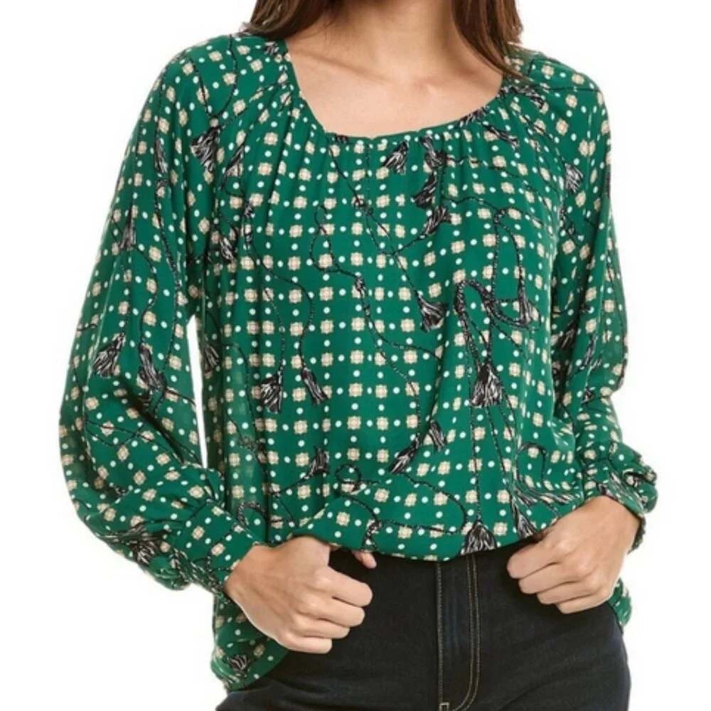 Cabi Tassel Print Blouse Women M Green Excellent Long Sleeve Smocked 4535